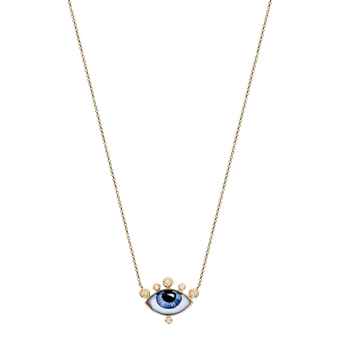 Lito 14K Yellow Gold "Russe Petit Bleu" Necklace with Diamonds and a Small Blue Enameled Eye - Homebody Denver