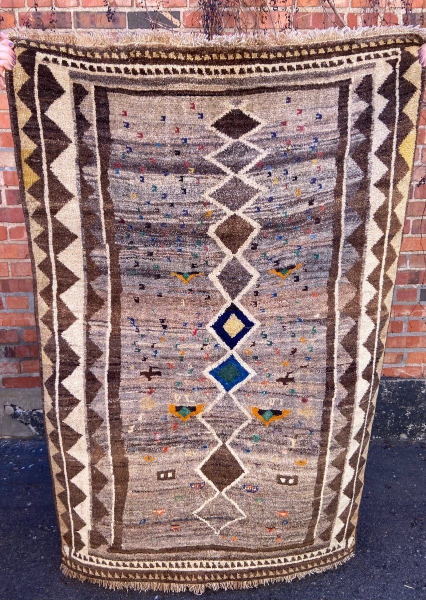 Vintage Wool Gabbeh Rug, Brown and Cream with Teal Diamond in the Middle 38" x 59" - Homebody Denver