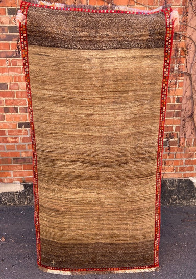 Vintage Wool Gabbeh Rug, Brown with Red Trim 68" x 34" - Homebody Denver