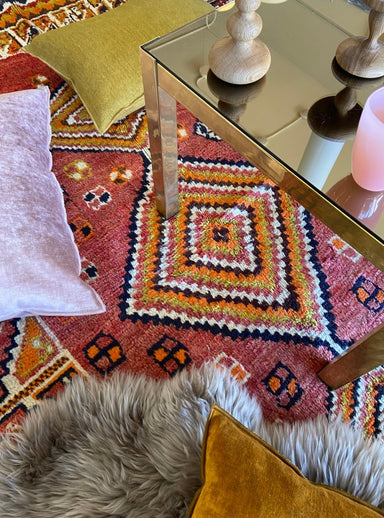 Vintage Wool Gabbeh Rug, Pink with Navy, Ochre, and Orange Pattern 85" x 60" - Homebody Denver