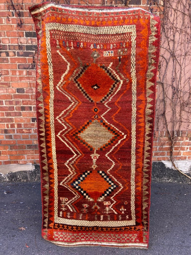 Vintage Wool Gabbeh Rug, Red with Orange Diamond Pattern 79" x 39" - Homebody Denver