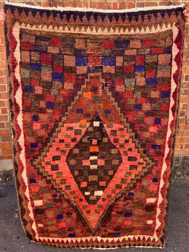 Vintage Wool Gabbeh Rug, Rose, Burgundy and Cobalt with Large Central Diamond Pattern 60" x 41" - Homebody Denver