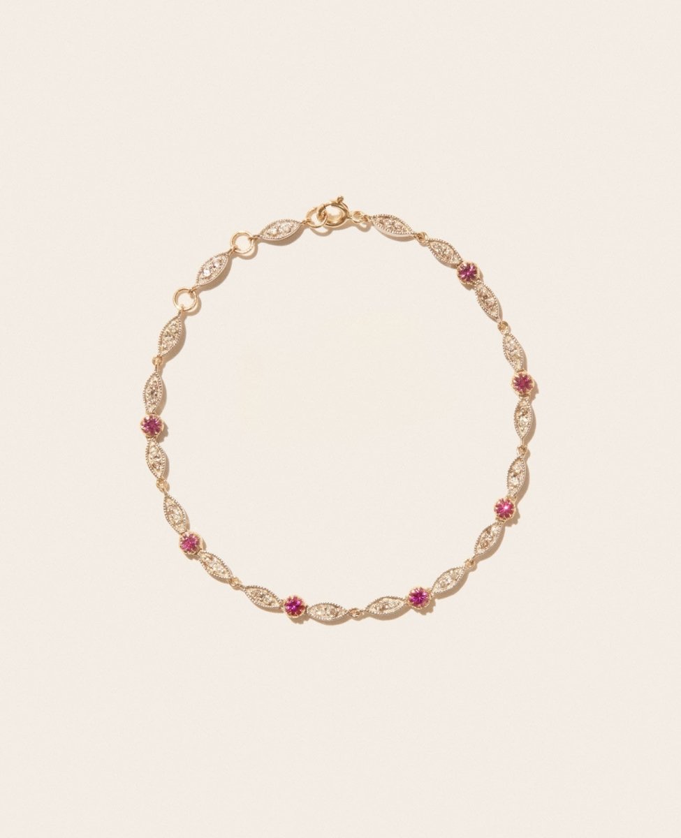 AVA Bracelet, pink sapphire, 9 carat yellow gold, diamonds, and silver - Homebody Denver