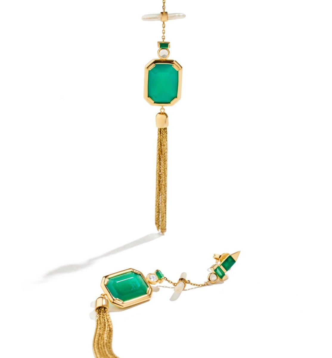 Ltio Pair of 18kt Gold Tassel Earrings with Green Agate, Moonstones and Pearls - Homebody Denver