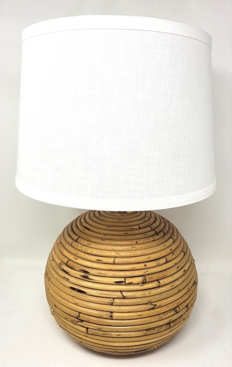 Pair of Italian brass and rattan tall table lamps