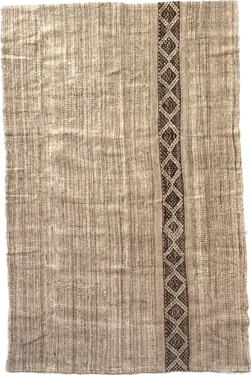 Wool Rug, Grey, Tan and Natural White Melange with Long Geometric Brown Stripe 5'6" x 8'4" - Homebody Denver